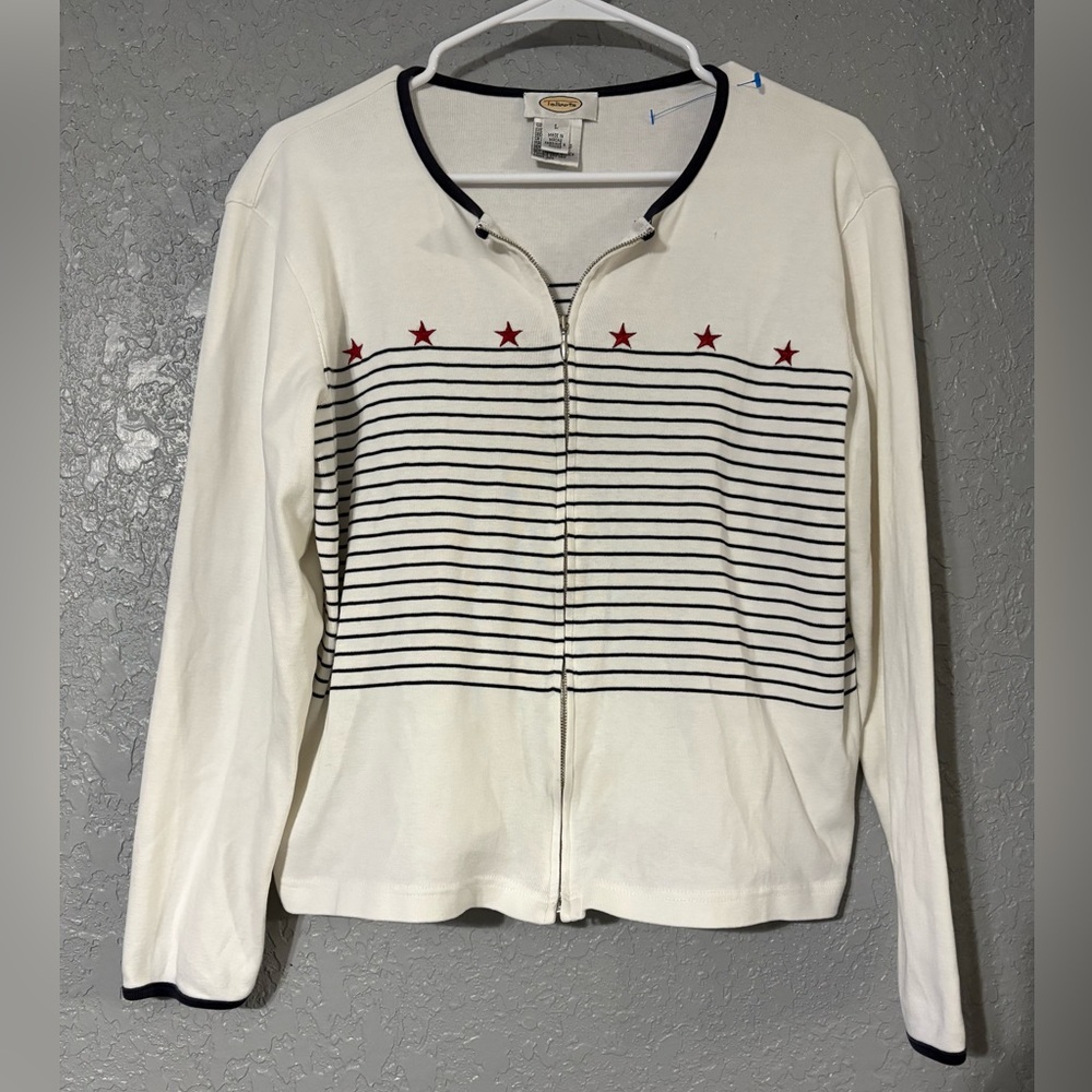 Vintage Talbots Nautical Zip-Up Cardigan Black Stripes with Red Stars